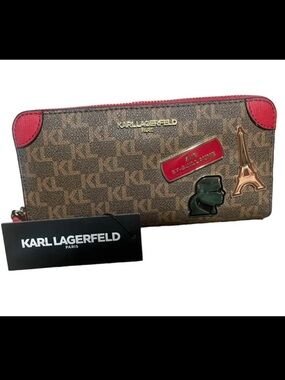 NWT Karl Lagerfeld Brown Monogram Zip Wallet with Red Trim
